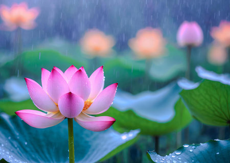 Pink lotus flower in the rain. Peaceful, serene atmosphere. Nature photographyの写真素材