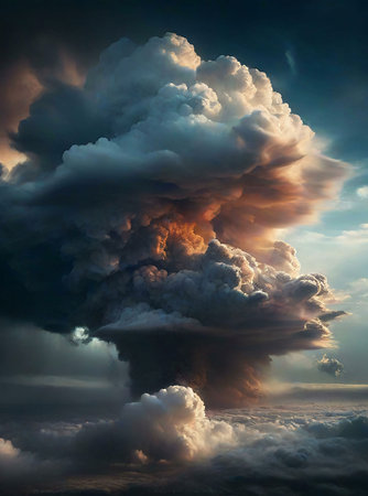 An intense image of a gigantic cloud formation resembling an apocalyptic scene. The dark, ominous...