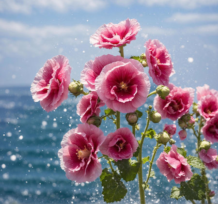 Stunning pink hollyhocks in full bloom against a backdrop of a sparkling ocean. A summer's day dream.の写真素材