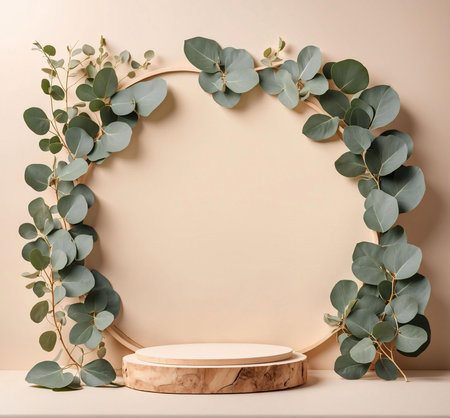 Elegant mockup featuring a wooden podium encircled by a eucalyptus wreath against a beige backdrop.の写真素材