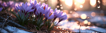Crocuses emerge from winter's embrace, bathed in the warm glow of a setting sun. A magical scene of delicate beauty.の写真素材