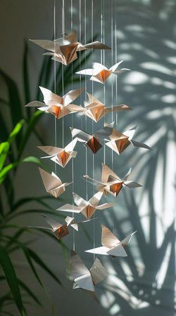 A delicate origami bird mobile hangs, casting shadows on a wall. The paper birds are light and airy,...