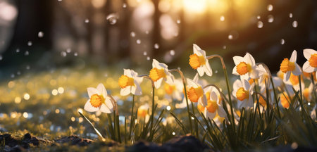 Daffodils bathed in golden sunlight, a vibrant spring scene.の写真素材
