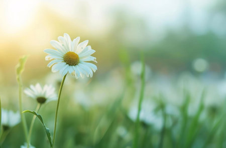 A single daisy stands out in a field of daisies at sunset, bathed in warm sunlight. Peaceful and serene.の写真素材