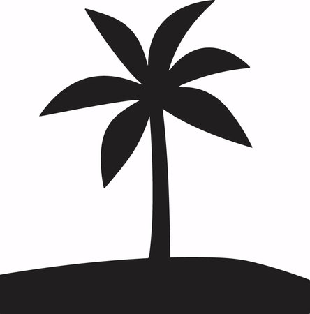 A minimalist black and white silhouette of a palm tree on a small island. Simple and iconic image of tropical getawayの写真素材