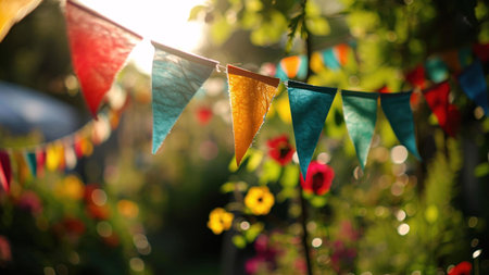 A string of colorful bunting hangs in a garden bathed in sunlight. Flowers and greenery create a vibrant backdrop.の写真素材