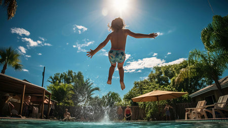 A child joyfully leaps into a refreshing pool on a sunny summer day. Pure happiness and summer fun!