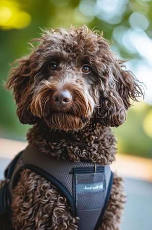 Close-up portrait of a cute brown Cockapoo puppy wearing a harness. The dog looks directly at the...
