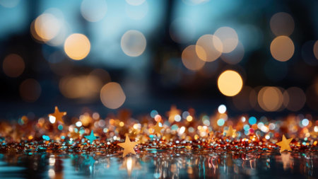 Shimmering stars and festive lights create a magical, celebratory atmosphere.の写真素材