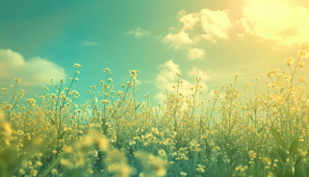 A vibrant image of a sunlit meadow filled with delicate yellow wildflowers under a bright pastel...