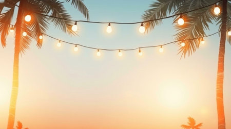 Stunning sunset scene with palm trees and glowing string lights. Perfect summer vibe.