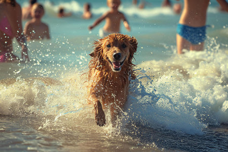 A Golden Retriever dog enjoys a refreshing run through the ocean waves on a beautiful sunny beach day, surrounded by happy people.の写真素材