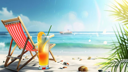 A refreshing cocktail sits on a sandy beach next to a red and white striped beach chair. The ocean sparkles under a bright sunny sky.の写真素材