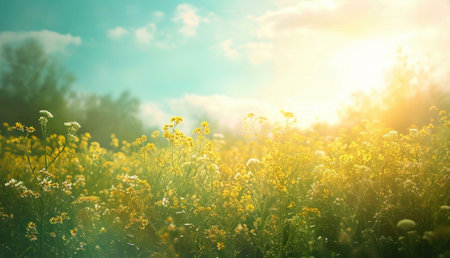 Sunlit meadow of yellow wildflowers bathed in golden light. Serene summer scene.