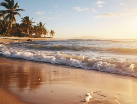 A tranquil sunrise scene on a tropical beach, where gentle waves meet golden sand under a calm sky.の写真素材