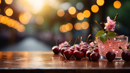 Ripe cherries and a pink blossom cocktail at sunset. A summery scene!