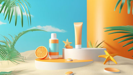 Summer skincare products displayed on a beach setting. Perfect for a sunny getaway!の写真素材