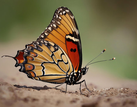 A detailed close-up shot of an African Monarch butterfly, showing its vibrant colors and intricately...