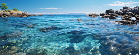 Stunning view of the Mediterranean Sea. Crystal clear turquoise water, rocky coast and a sunny sky.の写真素材