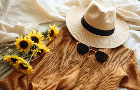 A flat lay showcasing a summery outfit featuring a straw hat, sunglasses, and a mustard-colored...