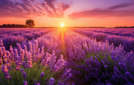 Stunning sunset over a breathtaking lavender field. The warm, golden light bathes the purple...