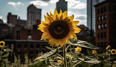 A vibrant sunflower stands out against a backdrop of city buildings, a striking juxtaposition of nature and urban life. The bright yellow petals contrast sharply with the muted tones of the cityscape.の写真素材