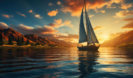 Sailboat glides across a calm lake at sunset, mountains reflecting in the tranquil water.