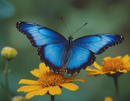 A stunning blue morpho butterfly perched delicately on a vibrant yellow flower. The image showcases...