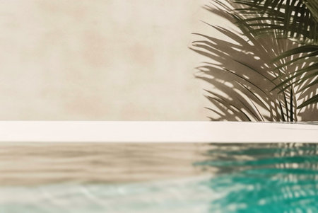 Relaxing poolside scene with palm shadow. Calm, summer vibes.