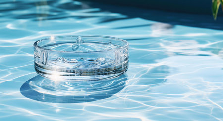 A crystal-clear ashtray sits by a pool, reflecting sunlight. Summer vibes.の写真素材