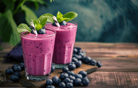Two glasses of vibrant purple blueberry smoothies garnished with fresh mint, perfect for a summer day.の写真素材