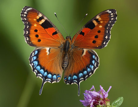 A stunning close-up of a vibrant orange butterfly with striking blue accents. A purple flower is...