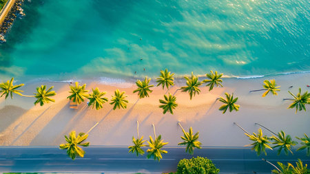 Stunning aerial shot of a tropical beach. Palm trees line the shore, their shadows stretching across the sand. The turquoise water is crystal clear.の写真素材