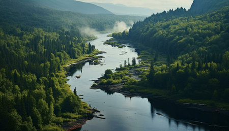 A breathtaking aerial view of a tranquil river meandering through a vibrant green forest, creating a serene and peaceful atmosphere.の写真素材