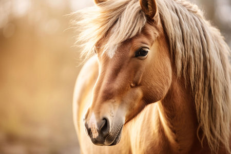 Close-up portrait of a beautiful palomino horse bathed in the warm glow of golden sunlight. Peaceful and serene atmosphere.の写真素材