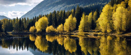 Stunning autumn scene of a mountain lake reflecting golden trees.