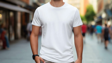 A man wearing a plain white t-shirt walks down a busy city street. The background is blurred,...
