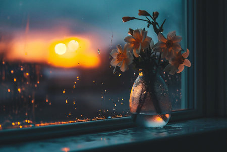Flowers in a vase on a windowsill, a rainy sunset outside.