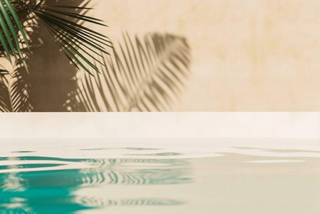 A serene image of a turquoise pool with palm shadows cast on a beige wall. Exudes calm and...