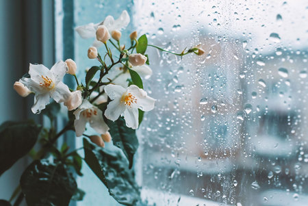 White flowers in full bloom seen from an indoor window on a rainy day.