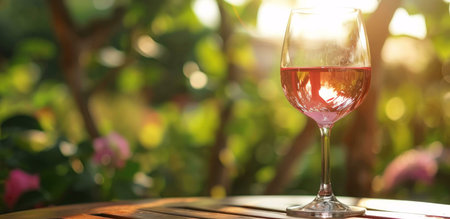 A glass of refreshing rose wine sits on a wooden table in a sunlit garden. The image evokes a serene summer afternoon.の写真素材
