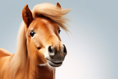 Close-up portrait of a beautiful chestnut pony against a light background. Its expressive eyes and soft mane make it endearing.の写真素材