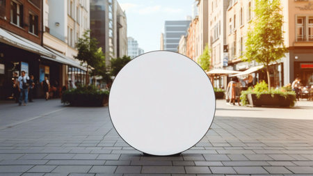 A large, blank, round sign stands on a city street, providing advertising space.