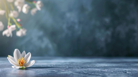 A single white flower rests on a textured blue surface, creating a scene of tranquility and peace. Soft light enhances its delicate beauty.の写真素材