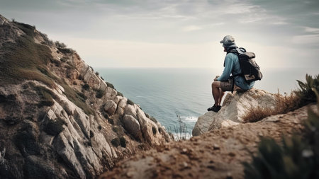 A lone hiker pauses on a rocky cliff, gazing out at the endless ocean. The scene evokes feelings of peace and contemplation.の写真素材
