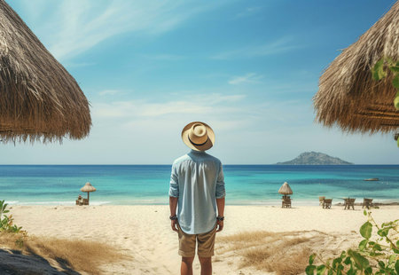 A man in a hat stands on a tranquil beach, gazing at the turquoise ocean. The scene is peaceful and serene, perfect for a relaxing vacation.の写真素材
