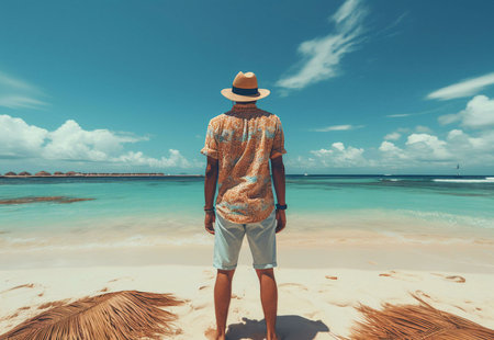A man stands on a pristine beach, gazing at a breathtaking ocean view. The serene atmosphere evokes a sense of peace and tranquility.の写真素材