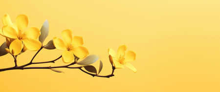 A captivating image of yellow flowers on a branch, set against a soft yellow backdrop. The image evokes a sense of serenity and beauty.の写真素材