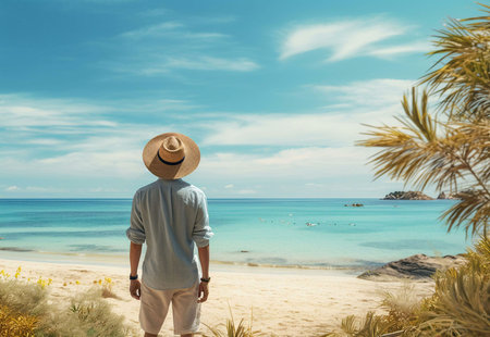 A lone man, wearing a straw hat, stands on a pristine beach, gazing out at the tranquil ocean. The scene evokes feelings of peace and serenity.の写真素材