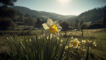 A single daffodil stands out in a field of flowers, set against a backdrop of serene mountains. The...